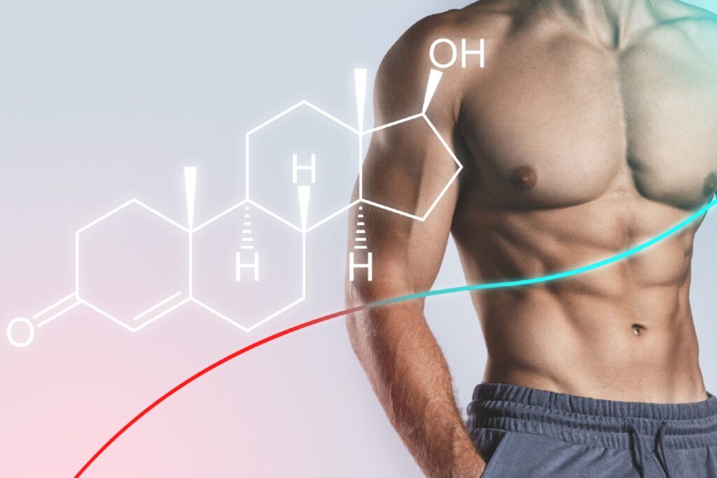 Chemische Formel von Testosteron über muskulösem Männerkörper