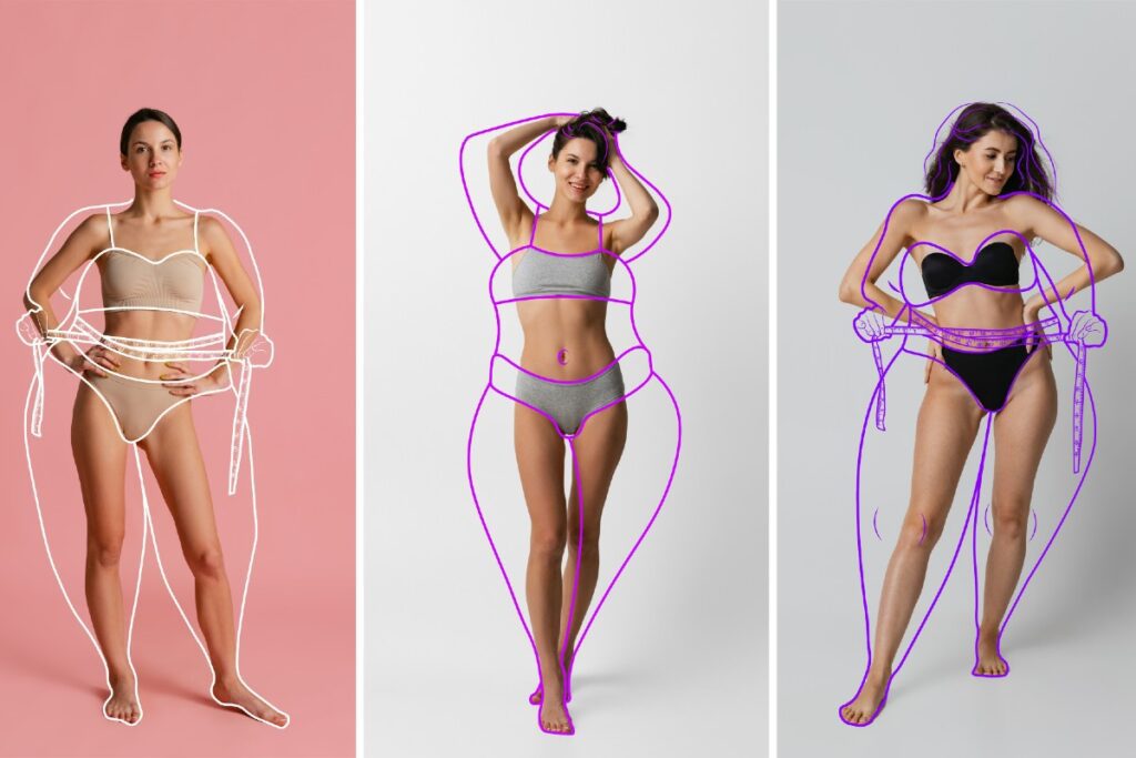 Junge schlanke Frauen, mit übergewichtigen Körpern grafisch überlagert