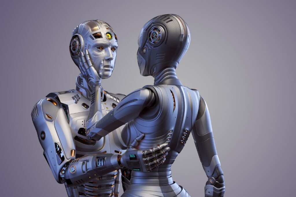 3D-Grafik zweier sich umarmender Roboter