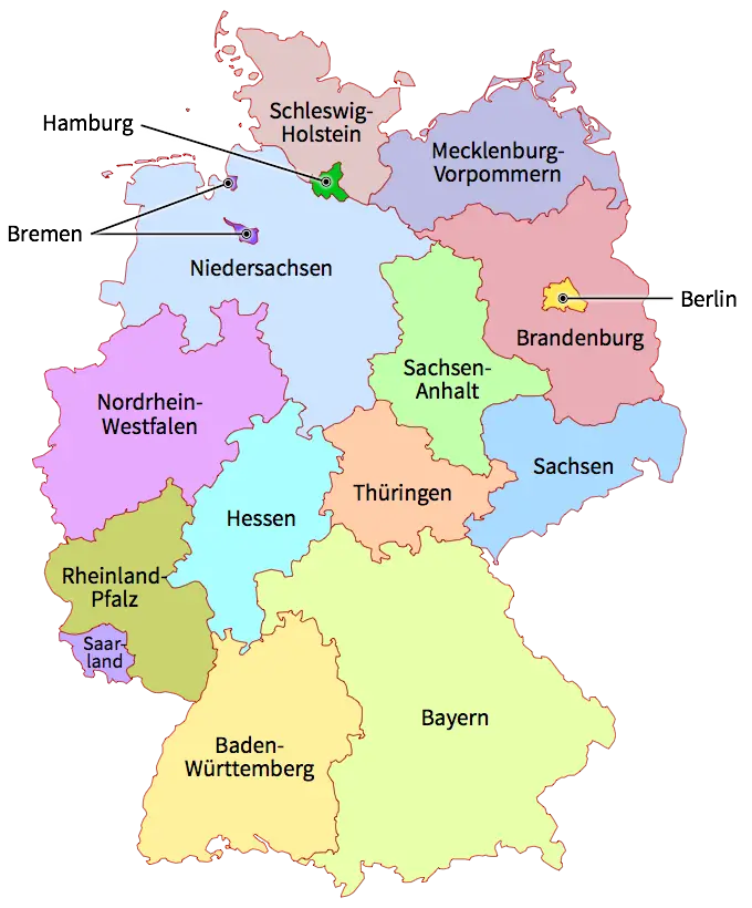 Karte der deutschen Bundesländer mit farblicher Kennzeichnung und Beschriftung aller 16 Länder, inklusive klarer Grenzlinien.