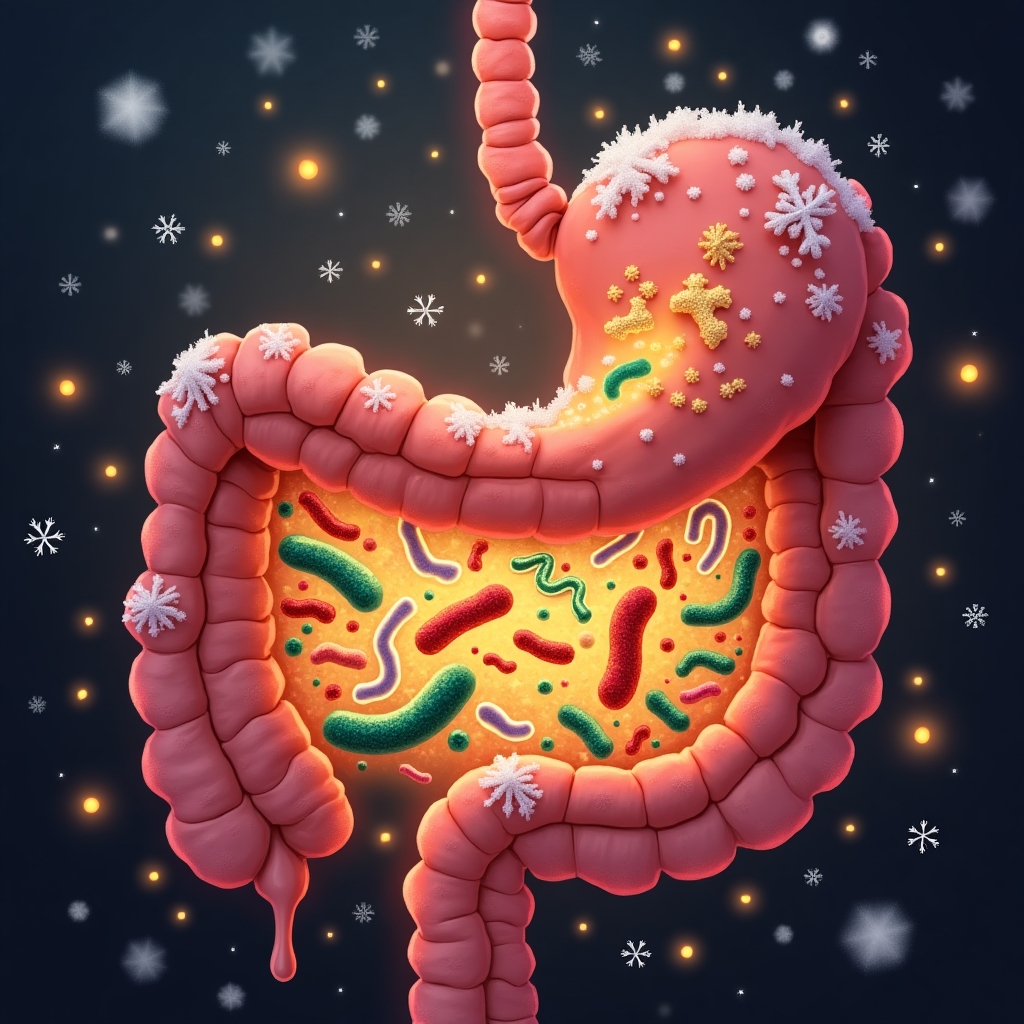 Illustration d’un intestin stylisé rempli de bactéries colorées avec des flocons de neige, représentant le microbiome en hiver.