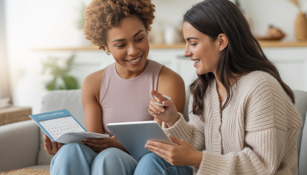 Deux femmes discutant des méthodes contraceptives sur une tablette dans un intérieur lumineux et chaleureux, article sur la contraception 2026.