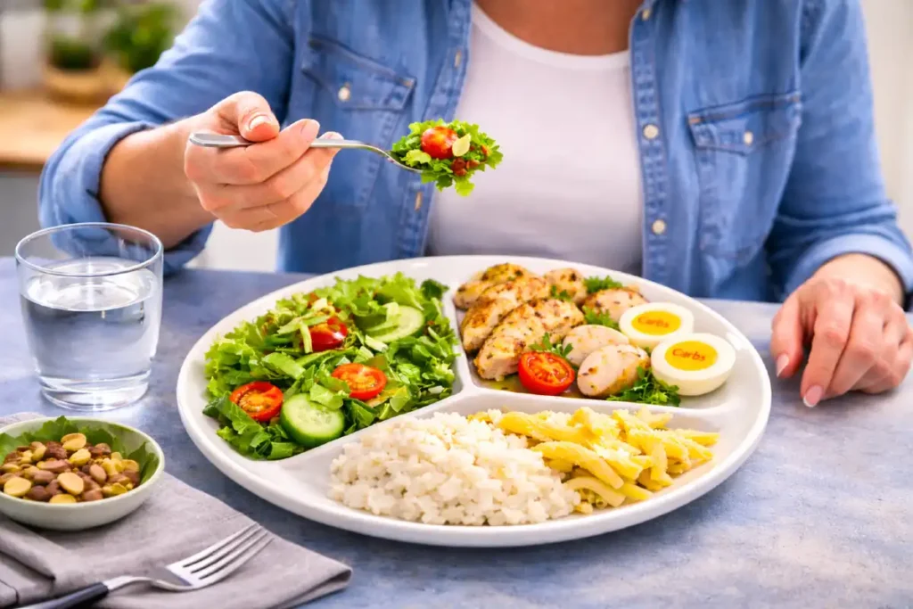 Frau isst von Beispielteller