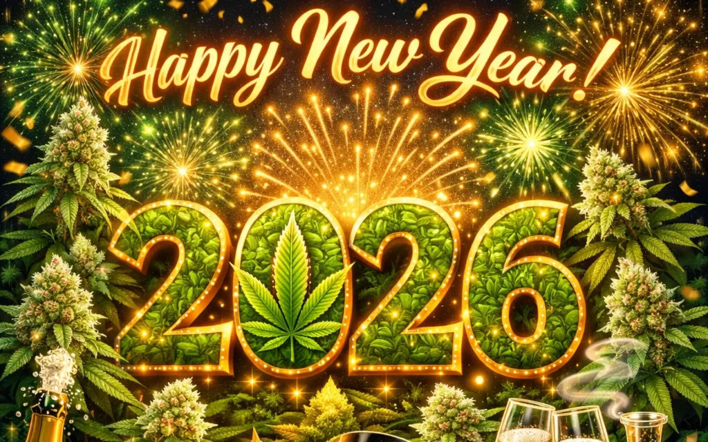 Grafik Happy New Year 2026 mit Cannabis