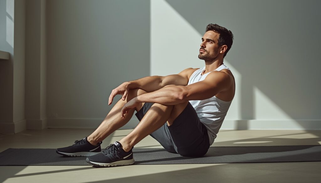 Homme adulte se reposant après un entraînement intense, concentré sur sa récupération et son bien-être masculin.