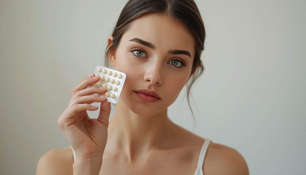 Jeune femme tenant une plaquette de pilules contraceptives, mains et buste visibles, photo réaliste.