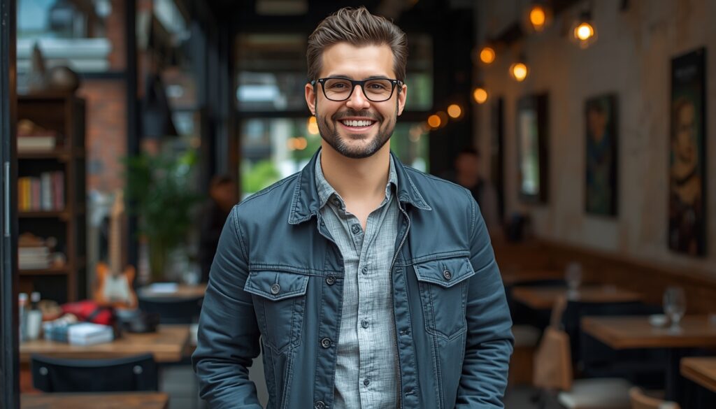 Un homme célibataire confiant dans la trentaine, souriant dans un café, symbolisant la confiance et l’ouverture sociale