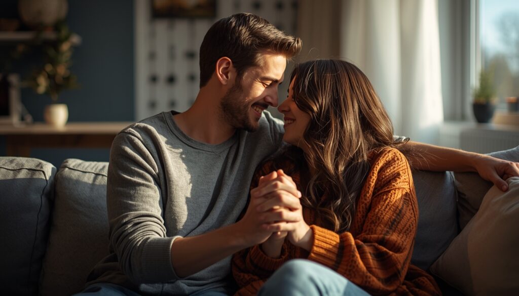 Couple partageant un moment tendre à la maison, illustrant le langage de l’amour et la connexion émotionnelle