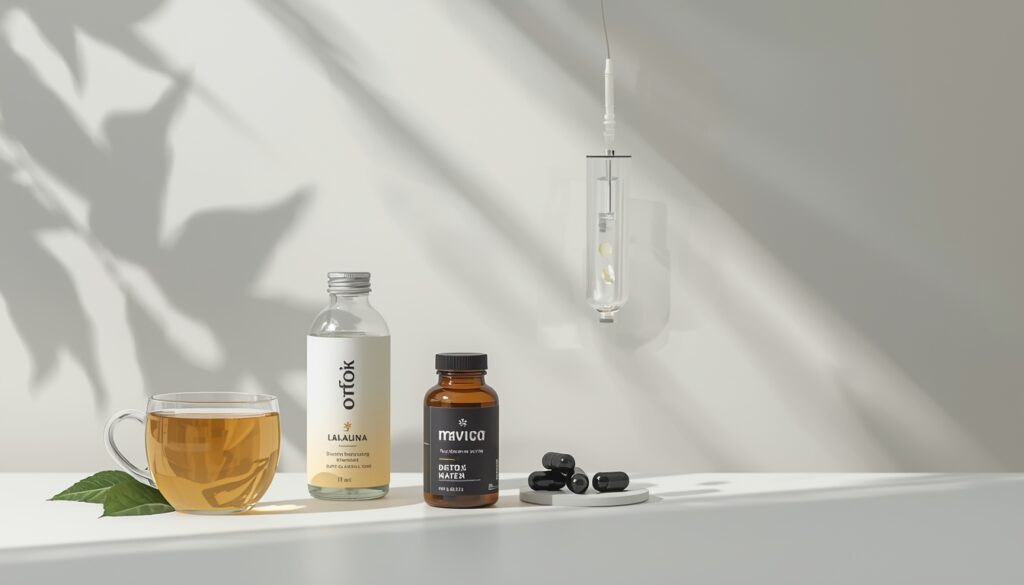 Concept santé et bien-être illustrant les mythes santé : thé détox, eau alcaline, sauna, capsules de charbon activé, perfusion de vitamines, illustration symbolique du bien-être scientifique