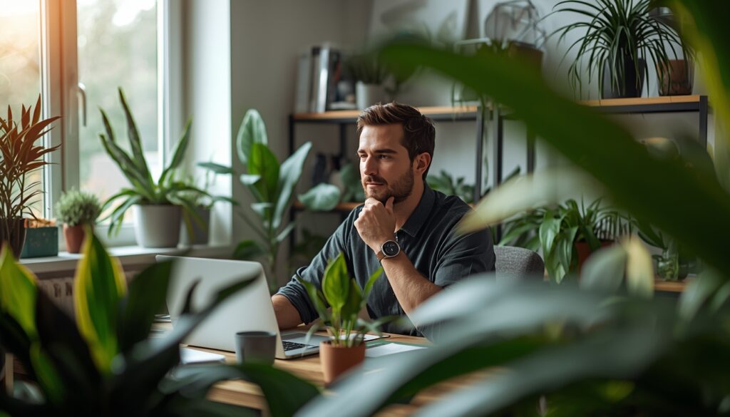 Home office moderne avec un homme concentré sur son ordinateur, entouré de plantes d’intérieur comme Sansevieria, Dracaena et Palmier bambou pour améliorer concentration et bien-être