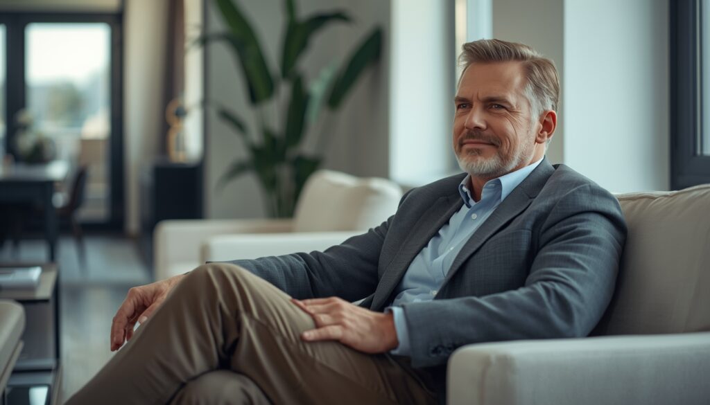 Homme adulte assis dans un salon lumineux, illustrant une approche sereine de la santé masculine