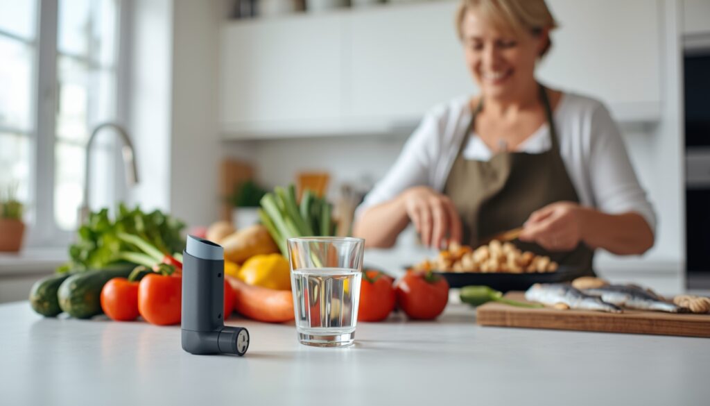 Femme préparant un repas sain avec légumes, fruits et poissons dans une cuisine lumineuse, avec un inhalateur pour l’asthme visible sur le plan de travail.