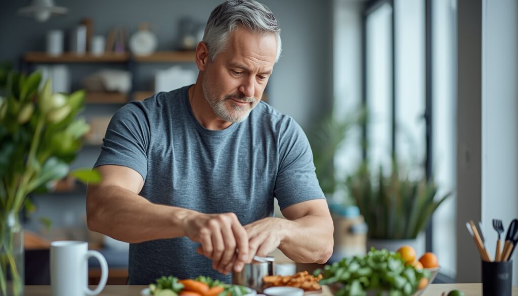 Homme adulte en bonne santé préparant un repas équilibré, illustrant le maintien naturel de la testostérone et la santé masculine.
