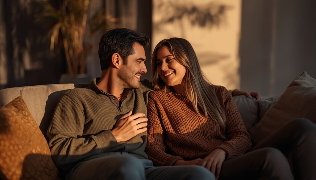 Couple adulte assis côte à côte dans un salon lumineux, échangeant un moment de complicité et de connexion émotionnelle.