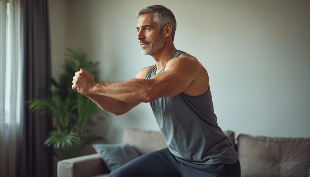 Homme de 45-55 ans faisant des exercices légers à domicile, portant des vêtements de sport décontractés, illustrant la santé et la vitalité masculine.