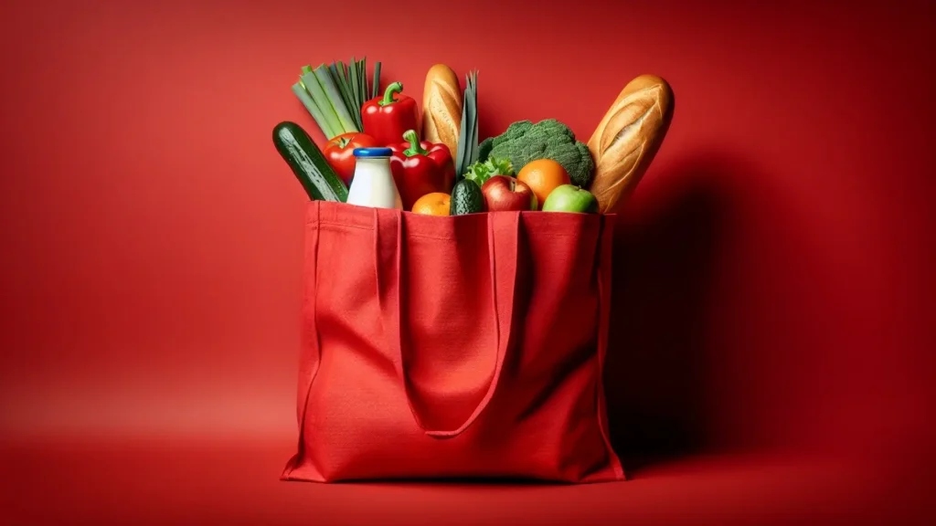 Rote Einkaufstasche mit Lebensmitteln
