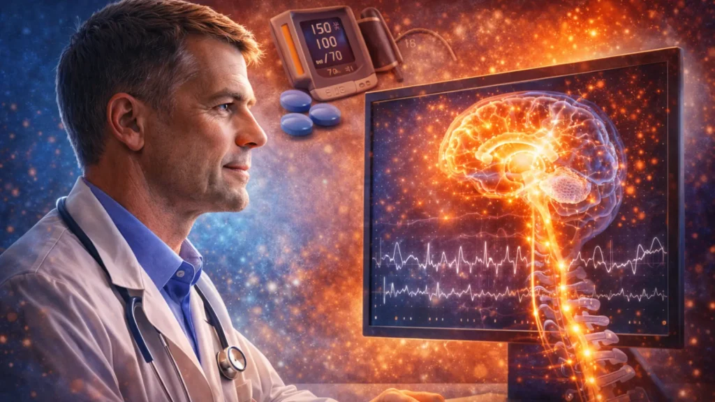 KI erstelltes Bild von Arzt, der einen Hirnscan am Computer untersucht