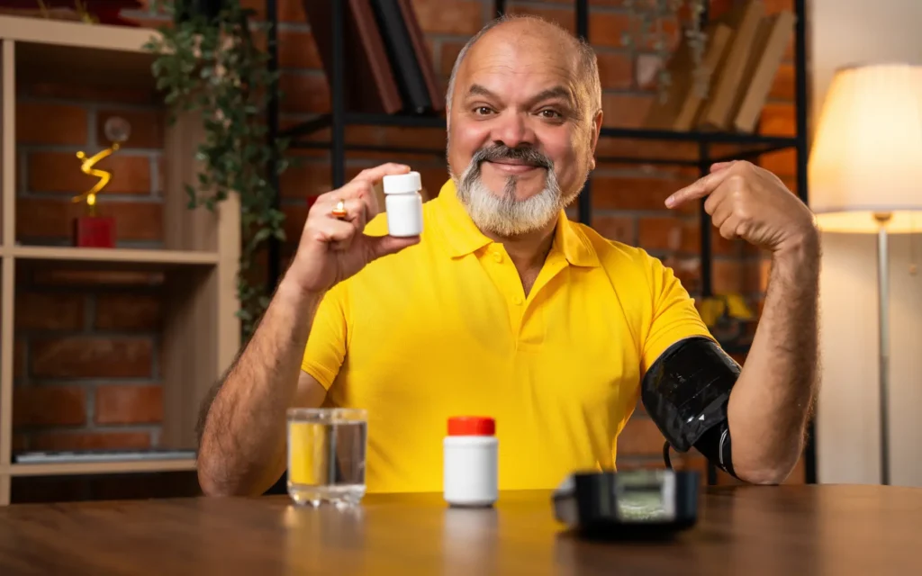 Senior lächelt mit Blutdrucktabletten in die Kamera