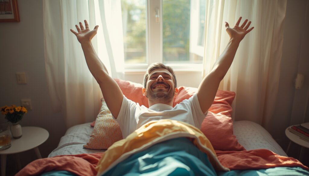 Homme souriant qui s’étire au réveil – routine matin énergie