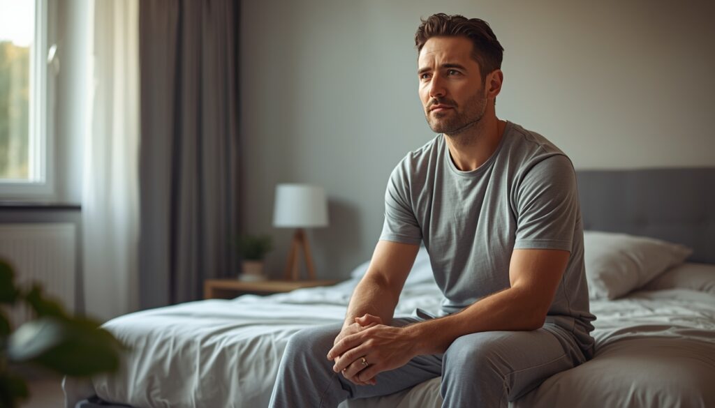 Homme assis sur le bord d’un lit dans une chambre lumineuse, l’air pensif, illustrant le stress et la réflexion liés à l’éjaculation précoce.