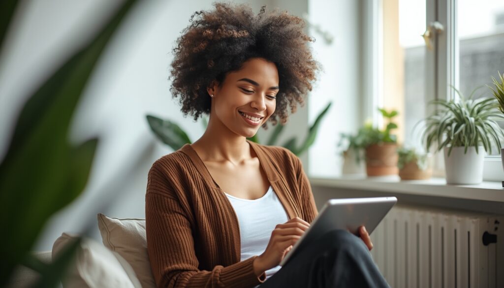 Femme souriante lisant des conseils santé sur une tablette dans un intérieur lumineux et calme, symbolisant le bien-être féminin.
