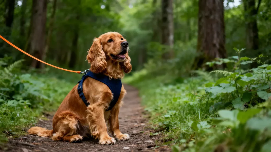 Ein Cockerspaniel im Wald an der Leine