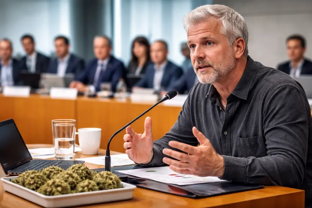 KI generiertes Bild eines MAnnes vor dem Petitionsausschuss des Bundestages