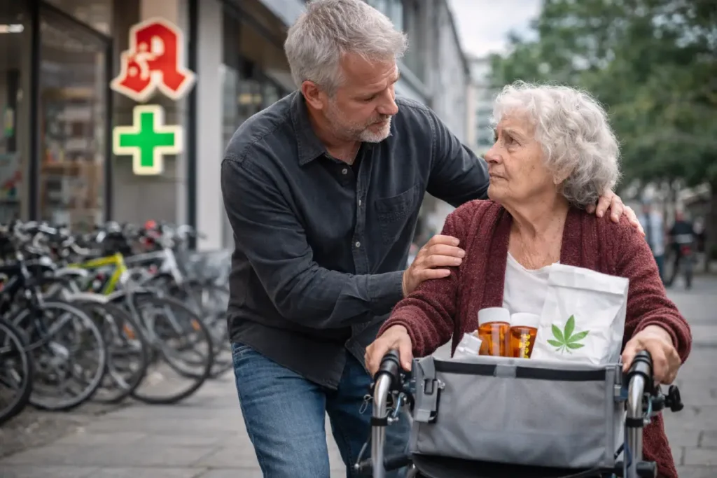 KI genereirtes Bild eines MAnnes, der eine älteren Patientin hilft