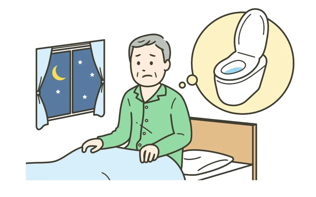 Grafik Mann sitzt nachts im Bett und muss auf die Toilette