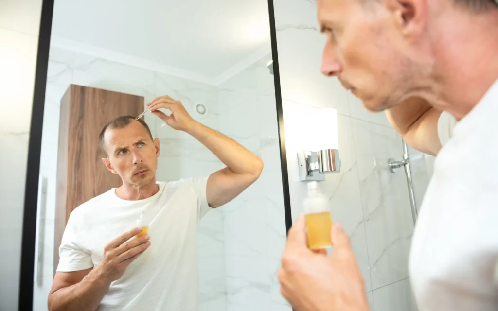 Mann nimmt Minoxidil vor dem Badezimmerspiegel
