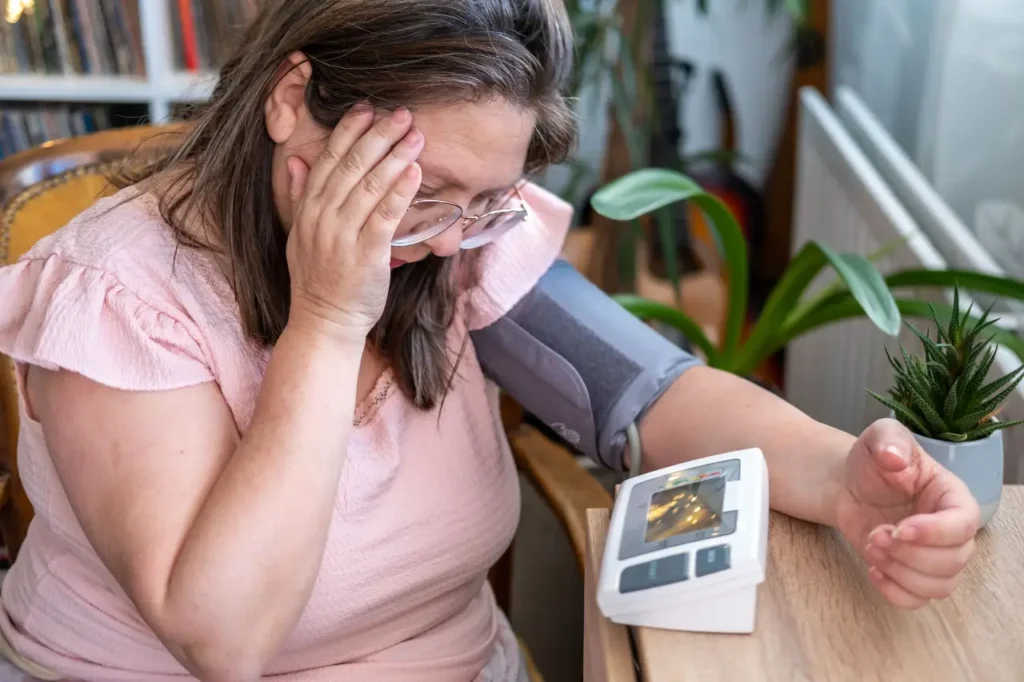 Frau misst ihren Blutdruck