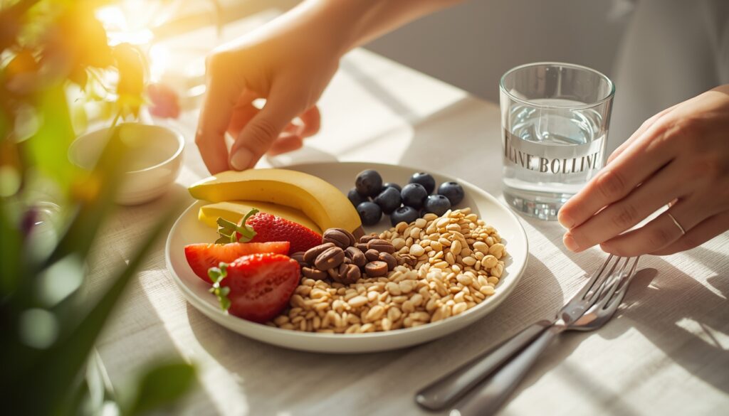 Petit-déjeuner équilibré pour le bien-être et le métabolisme, avec fruits, céréales complètes et eau, mains disposant les aliments sur la table