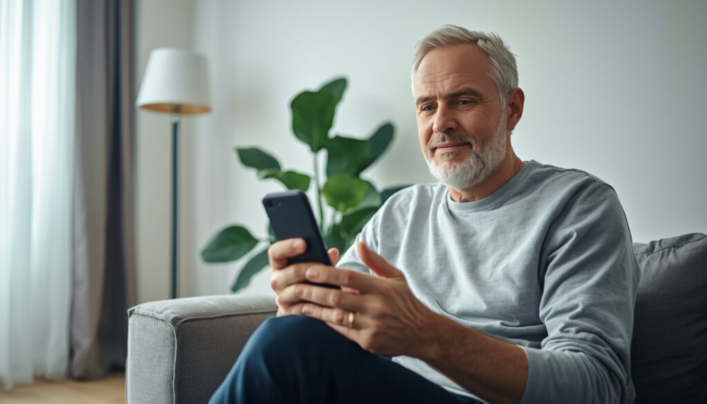 Homme d’âge moyen utilisant une application de santé sur smartphone chez lui, illustrant la prévention et le suivi de la santé masculine