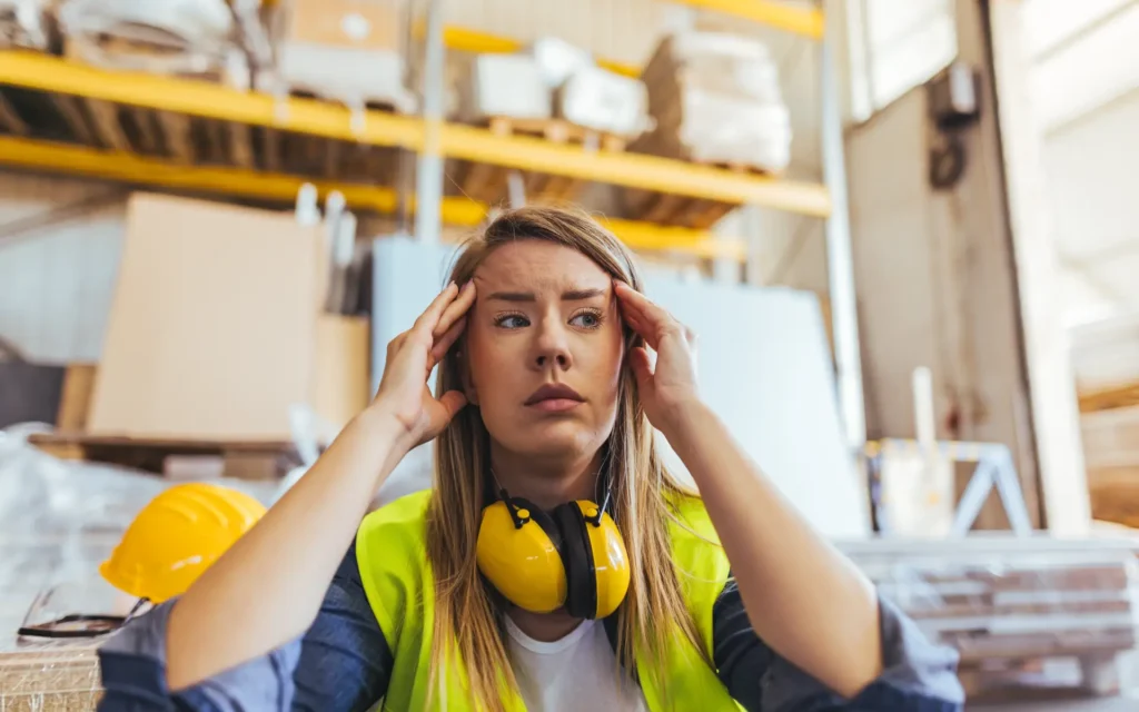 Arbeiterin mit Schutzweste und Gehörschutz ist gestresst