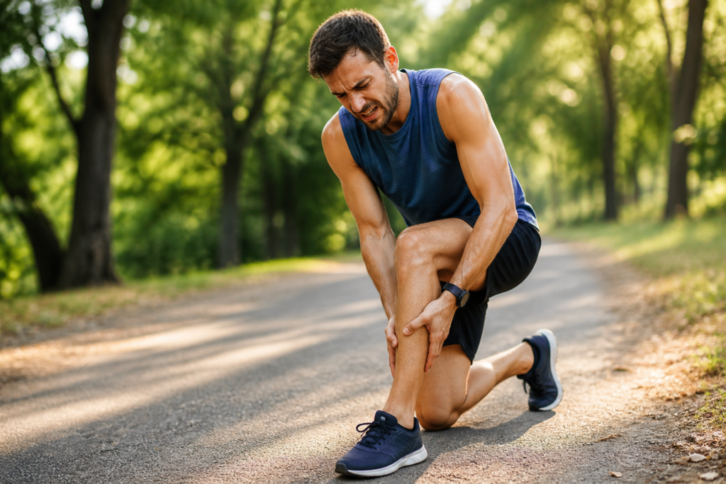 Coureur s’arrêtant en raison d’une douleur musculaire à la jambe lors d’un entraînement en extérieur
