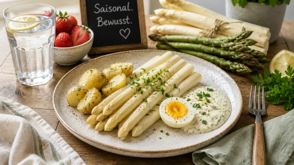 Spargel mit Ei, Kartoffeln und Sosse auf einem Teller