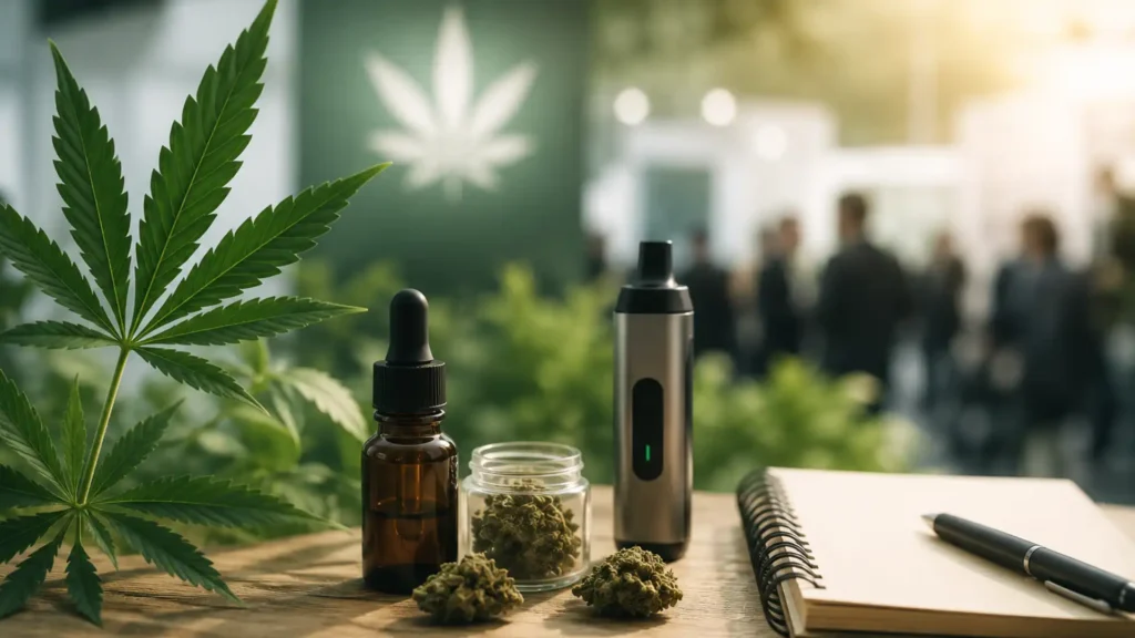 Cannabis, Öl und Vaporizer vor dem Messehintergrund der Mary Jane