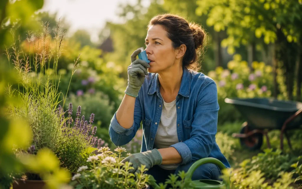 Frau im Garten inhaliert ein Asthmamedikament
