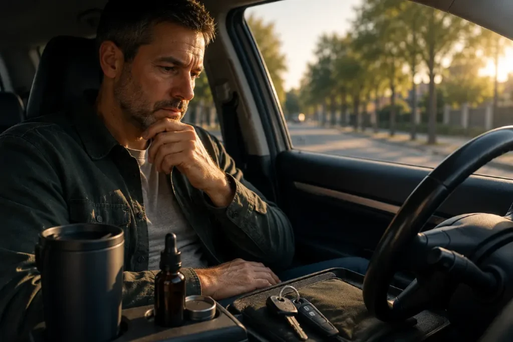Nachdenklicher Mann sitzt im geparkten Auto und prüft vor der Fahrt seine Fahrtüchtigkeit nach der Einnahme von medizinischem Cannabis.