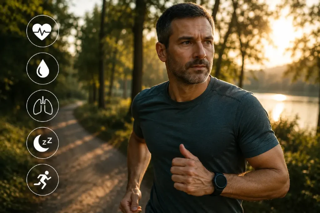 Mann joggt bei Sonnenaufgang am See entlang und achtet beim Gesundheitsquiz auf Körperzeichen wie Puls, Atmung, Durst und Schlaf.