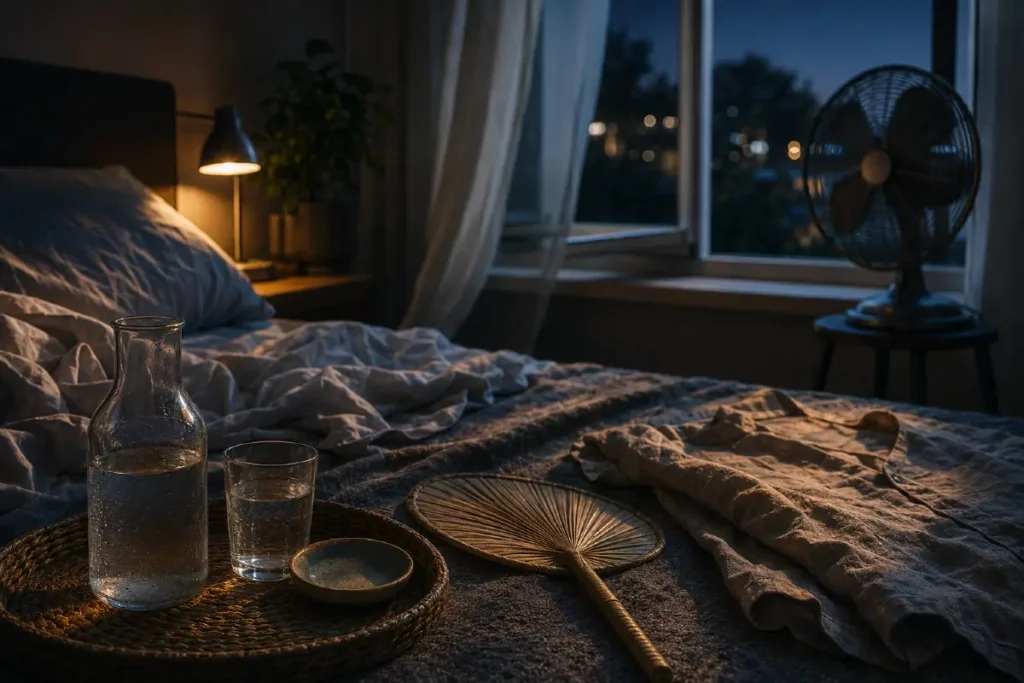 Heißes Schlafzimmer in einer Sommernacht mit Ventilator und offenem Fenster als Symbol für Schlafprobleme beim Abnehmen im Sommer.