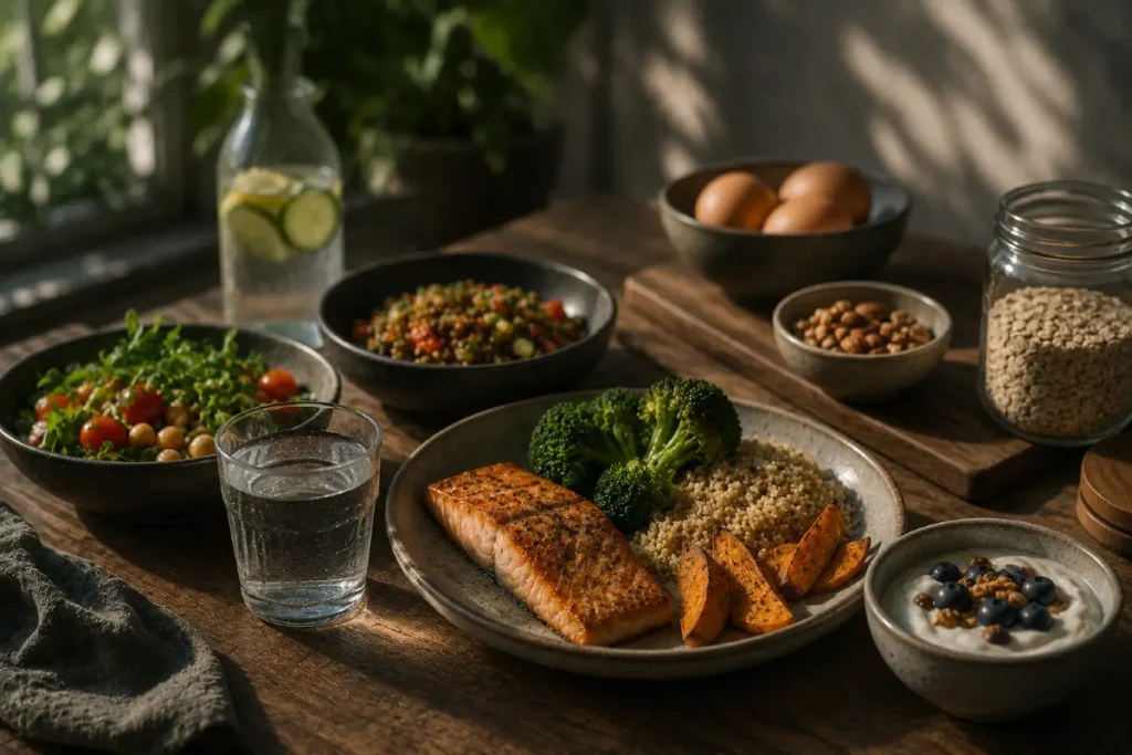 Eiweißreiches Abendessen mit Lachs, Gemüse, Joghurt und Haferflocken als schlaffreundliche Ernährung beim Abnehmen im Sommer.
