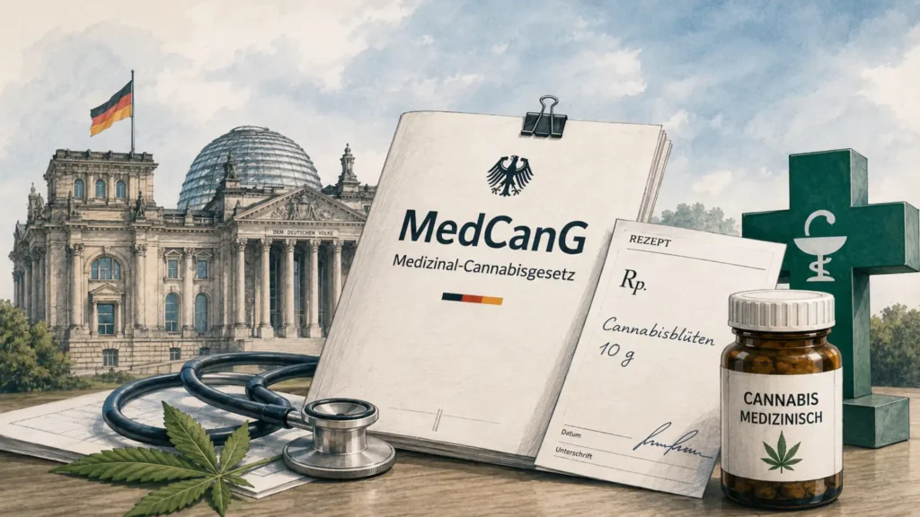 Grafik des Bundestages mit Gesetzbuch und Cannabis