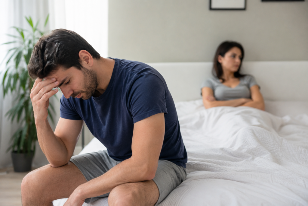 Homme assis sur un lit, tête dans les mains, exprimant du stress et de l’anxiété dans un contexte de difficulté relationnelle intime