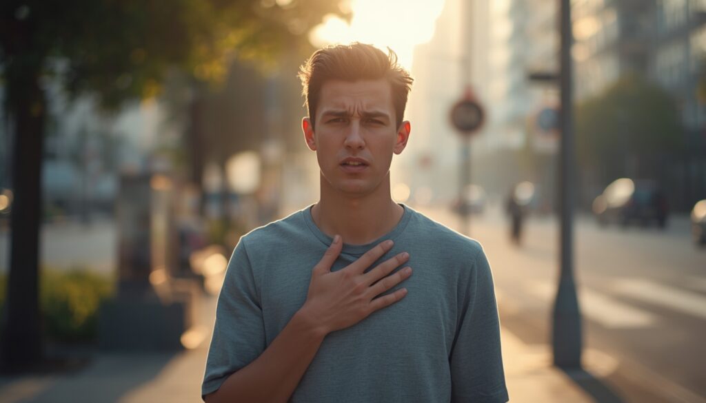 Personne asthmatique en extérieur pendant l’été, respirant calmement dans un environnement urbain chaud et légèrement pollué.