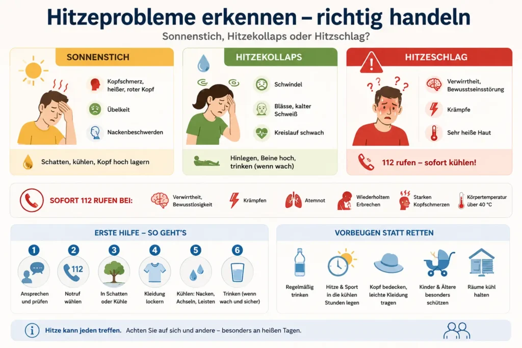 Infografik zu Hitzeproblemen mit Warnzeichen für Sonnenstich, Hitzekollaps und Hitzschlag sowie dem Hinweis auf den Notruf bei schweren Symptomen.