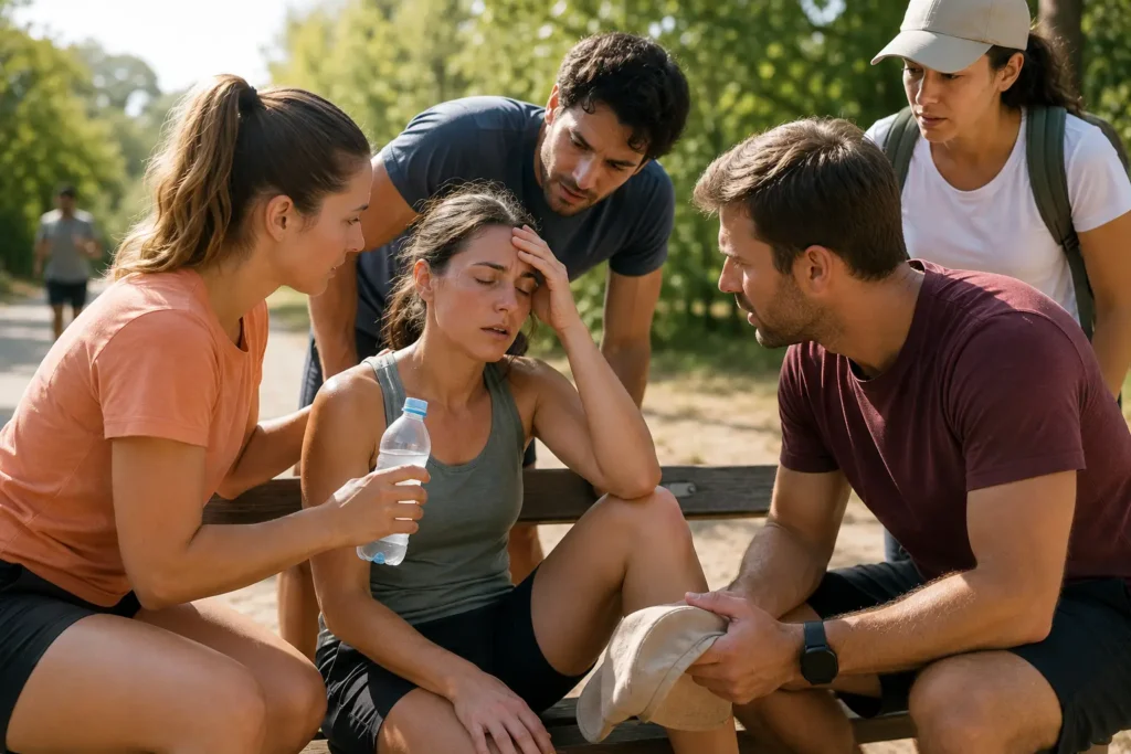 Gruppe hilft einer erschöpften Frau an einem heißen Tag im Park mit Schatten, Wasser und ruhiger Unterstützung.