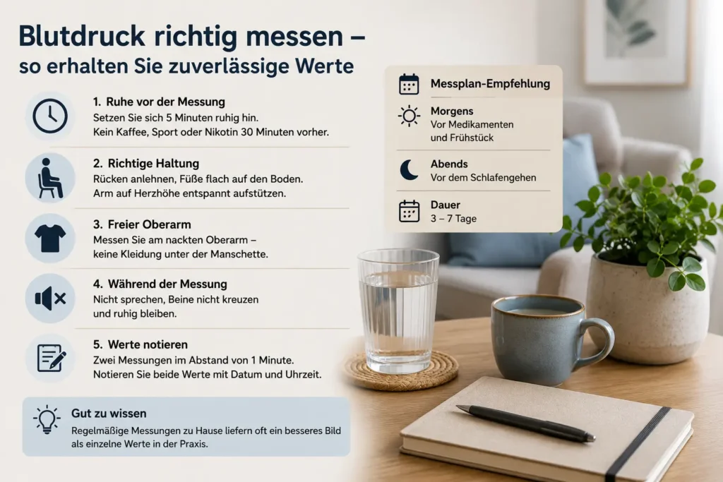 Infografik zur richtigen Blutdruckmessung mit Ruhephase, Körperhaltung, freiem Oberarm und Messplan für zuverlässige Werte.