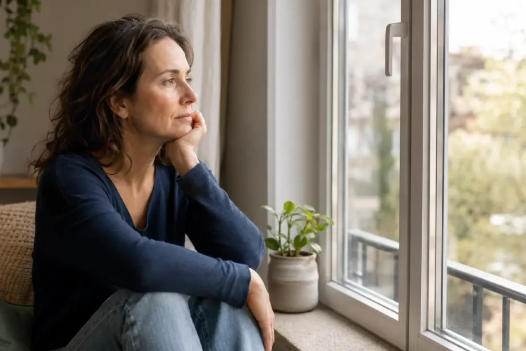 Frau mittleren Alters sitzt nachdenklich am Fenster, passend zu frühen Anzeichen der Perimenopause wie Schlafstörungen und innerer Unruhe.