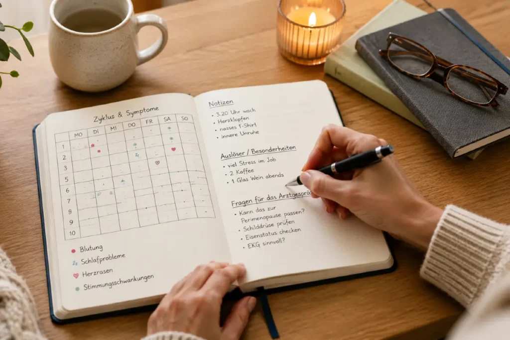 Zykluskalender mit Notizen zu Schlafproblemen, Herzrasen und Stimmungsschwankungen als Vorbereitung auf das Arztgespräch in der Perimenopause.